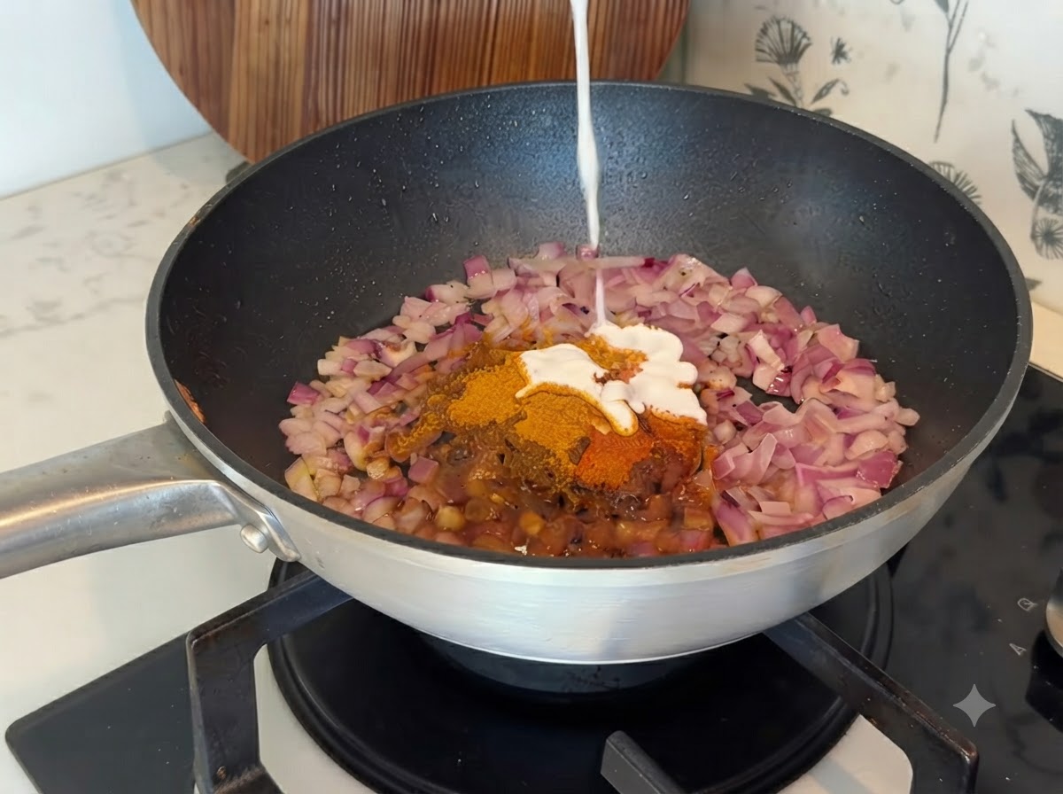 Du lait de coco versé par le dessus dans la poêle contenant les épices à curry et les oignons.