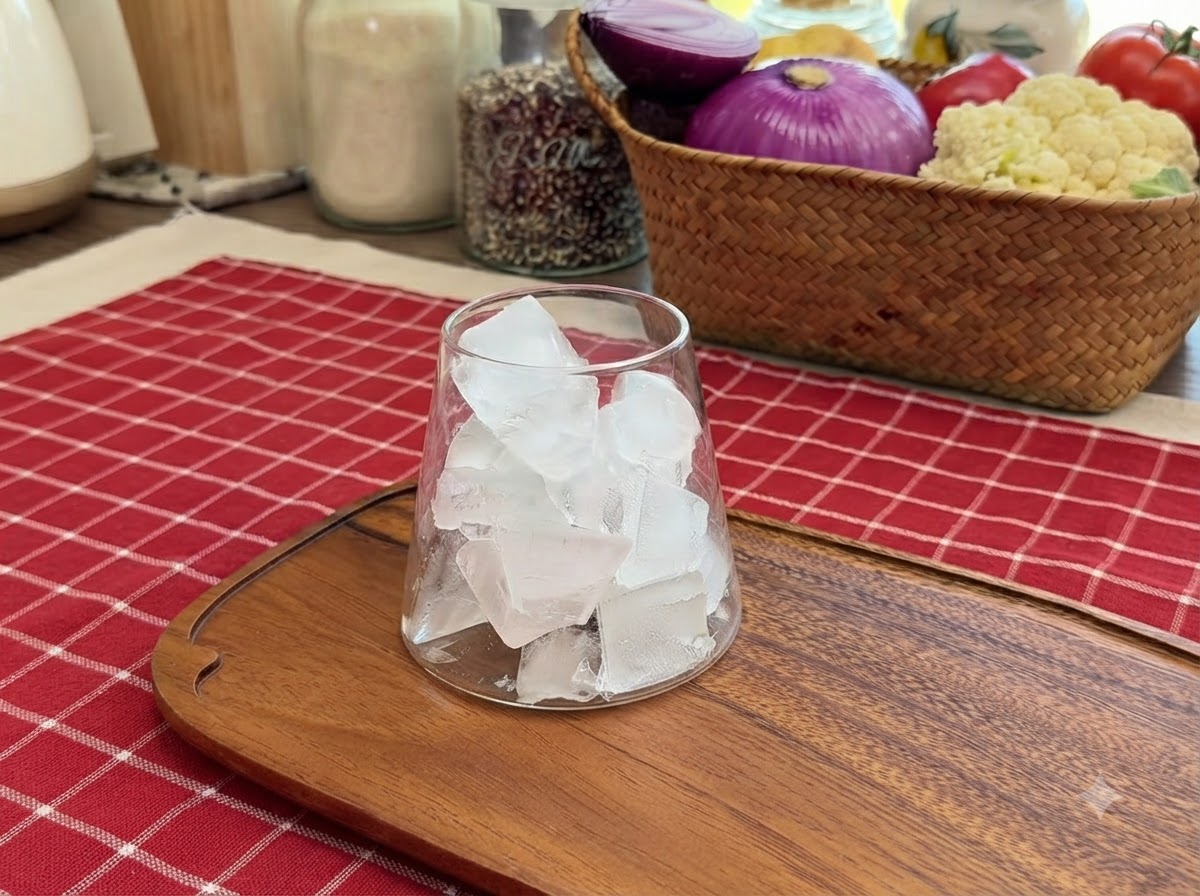 Des glaçons remplissant le fond dun verre à boire transparent sur un plateau de service en bois.