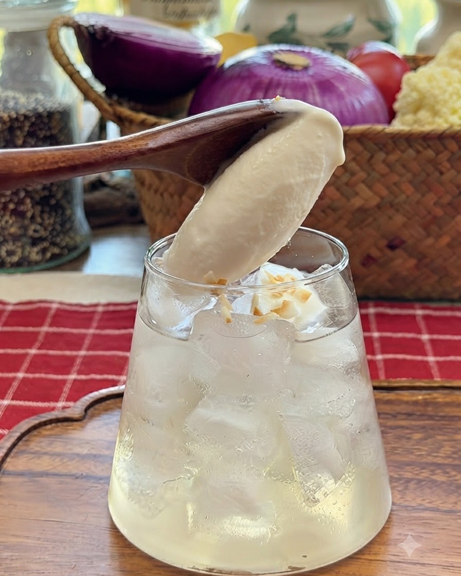 Une cuillère en bois ajoutant une boule de glace sur le dessus dune boisson à la noix de coco garnie de copeaux de coco.