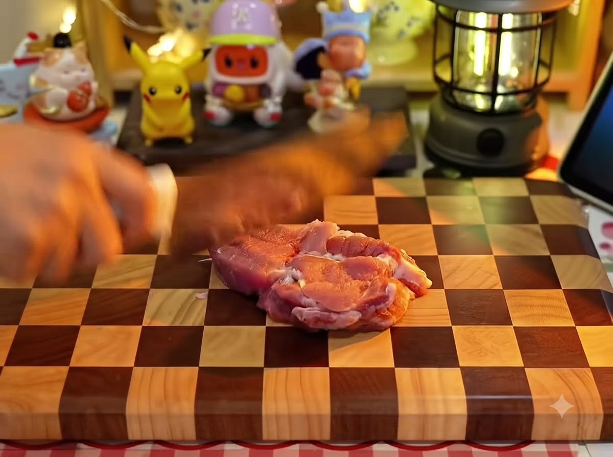 Une main utilisant un couteau de cuisine pour inciser un morceau de porc cru sur une planche à découper à damier en bois.