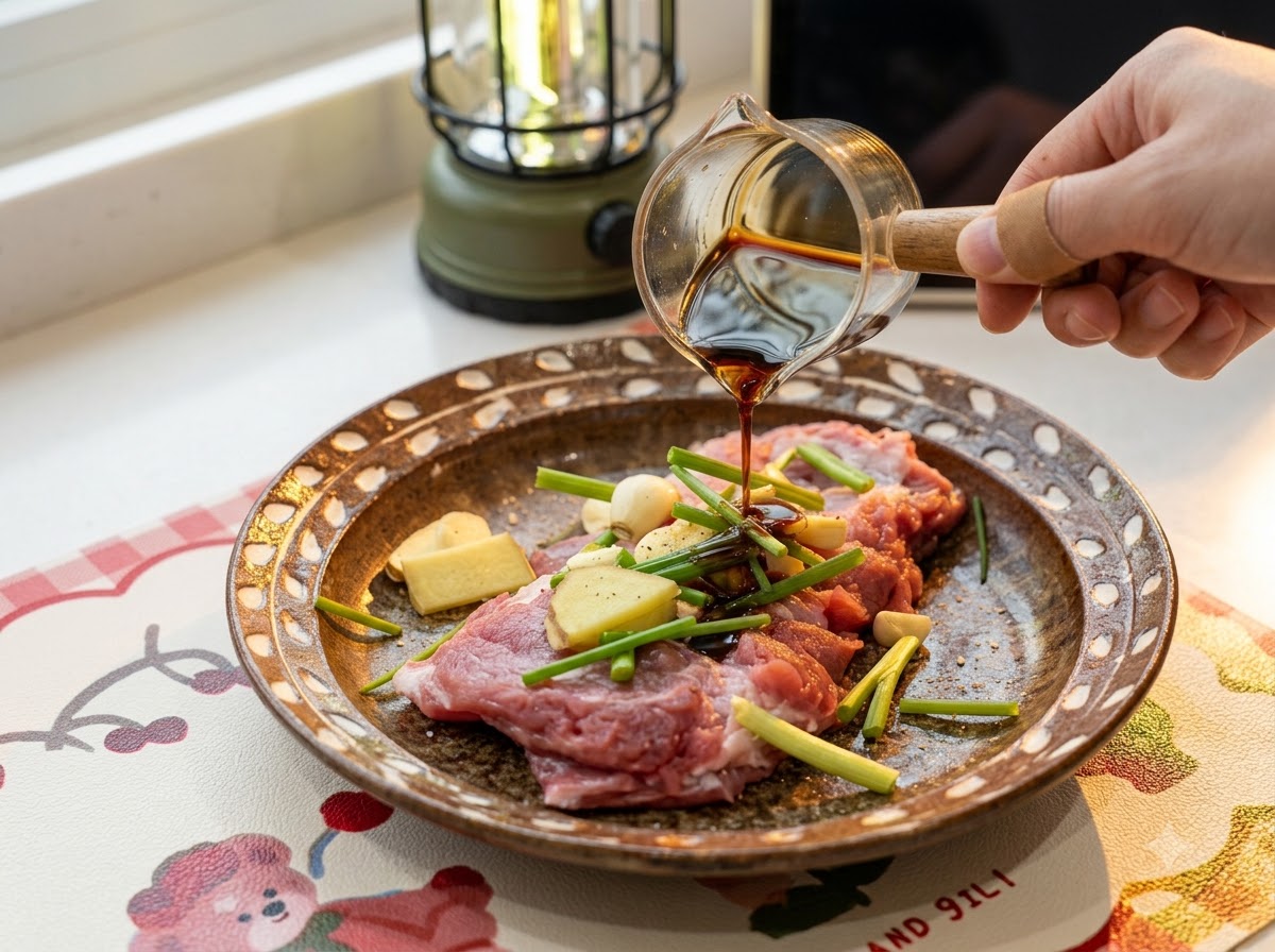 Assaisonnement liquide sombre versé dun verre doseur sur des morceaux de côtelette de porc crue dans un bol en céramique à motifs.