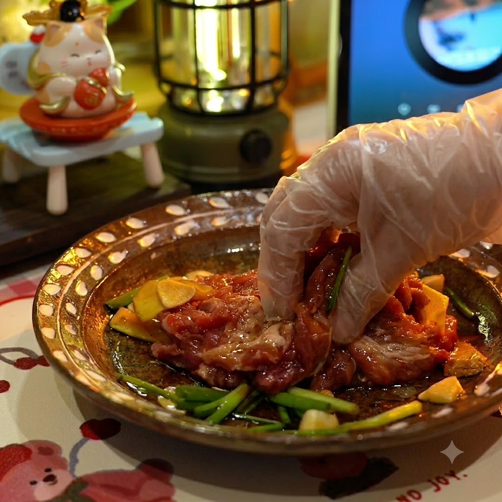 Une main gantée massant la marinade et les aromates sur des morceaux de côtelette de porc crue dans un bol en céramique.