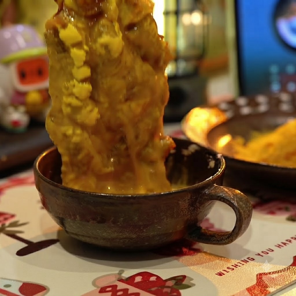 Un morceau de côtelette de porc trempé dans une tasse marron remplie dœuf battu jaune.