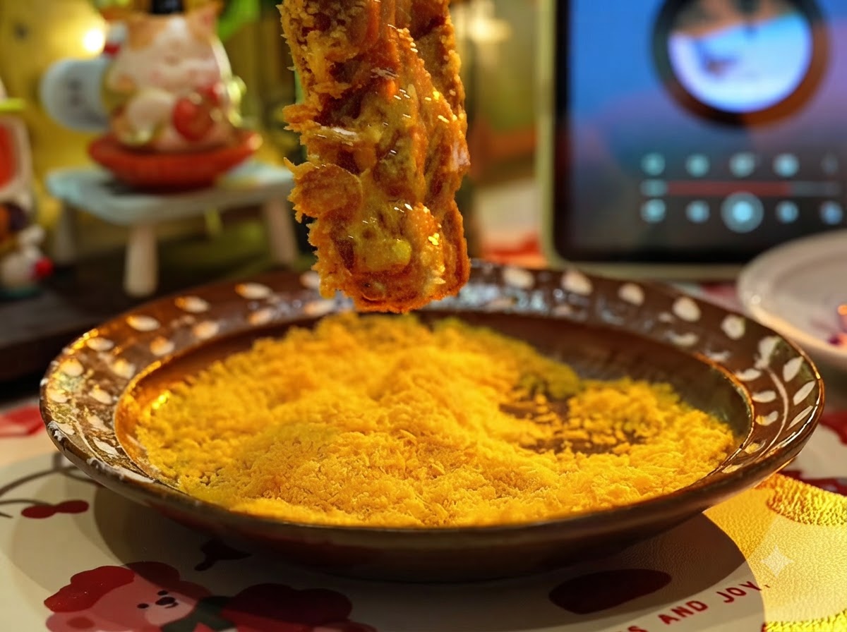 Une côtelette de porc pressée dans un plat creux de chapelure panko dorée pour la recouvrir complètement.