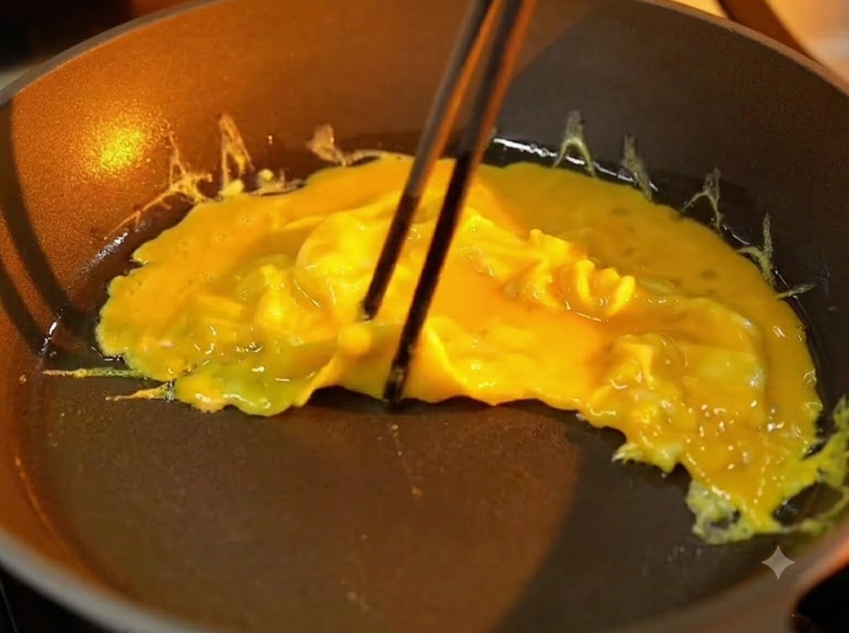 Des baguettes repliant doucement une omelette jaune mi-cuite dans une poêle antiadhésive.