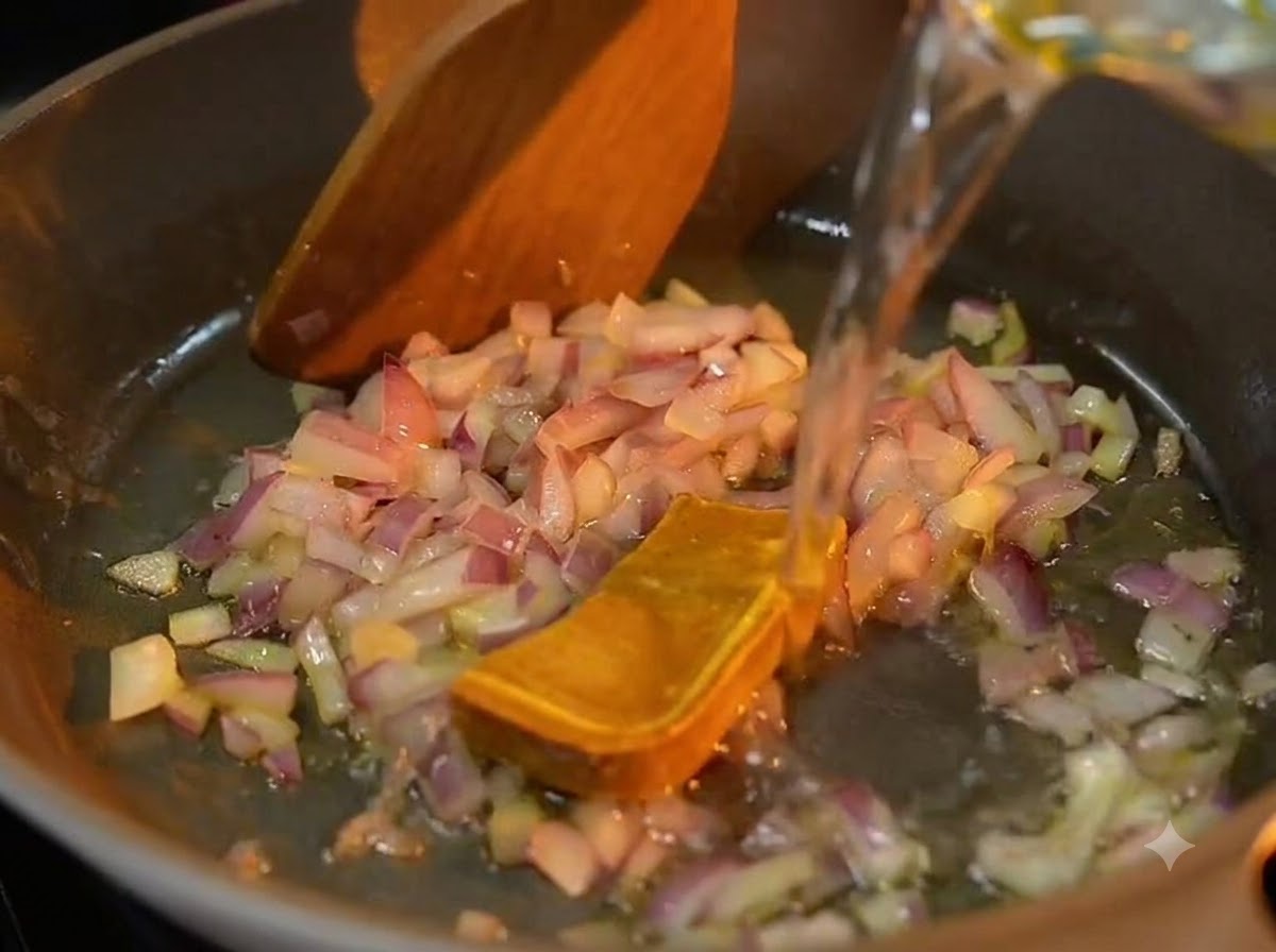 Verser de leau claire dun verre doseur dans une poêle chaude avec des oignons rouges en dés et un bloc de pâte de curry jaune.