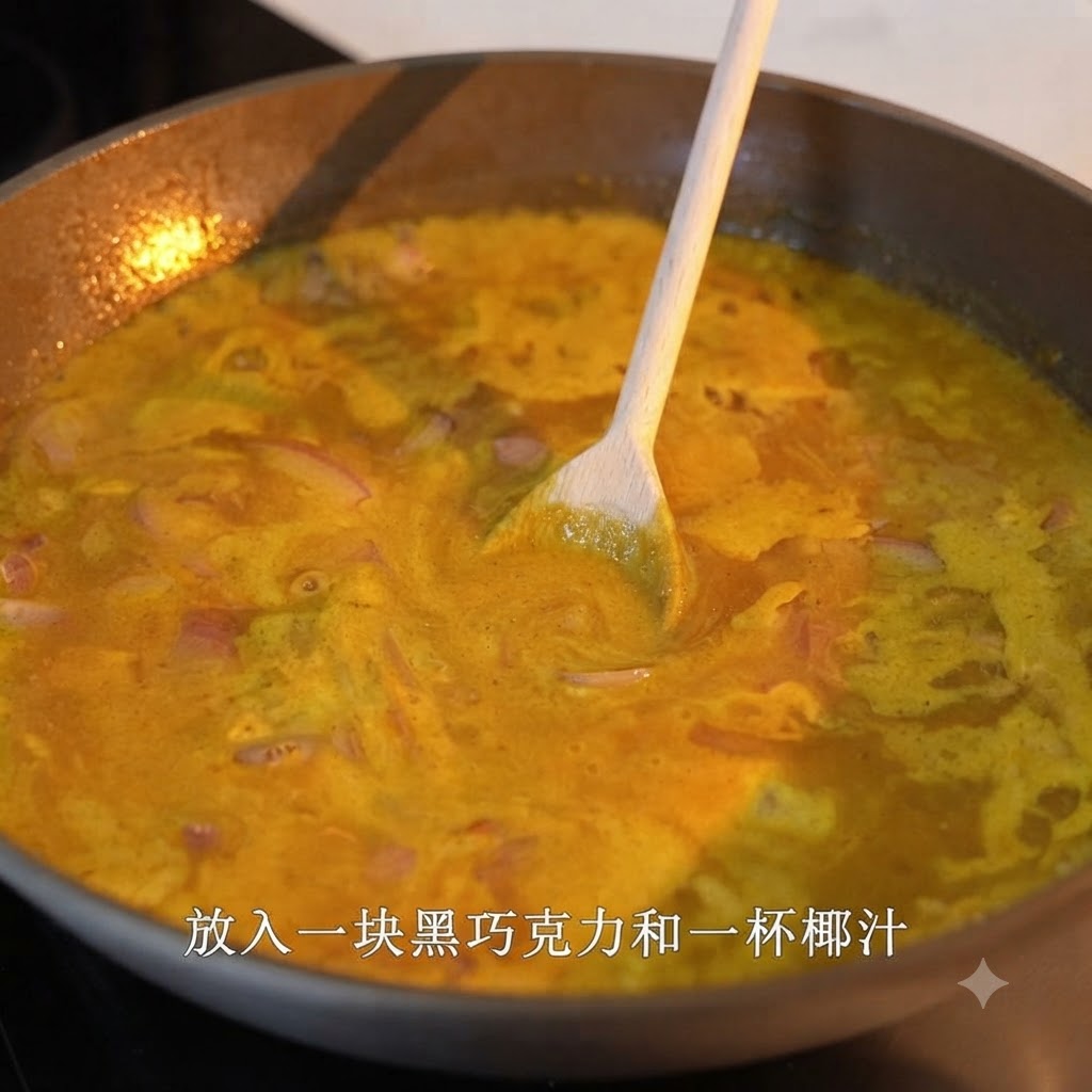 Une cuillère en bois remuant une sauce curry jaune frémissante infusée de morceaux de chocolat noir dans une grande poêle.