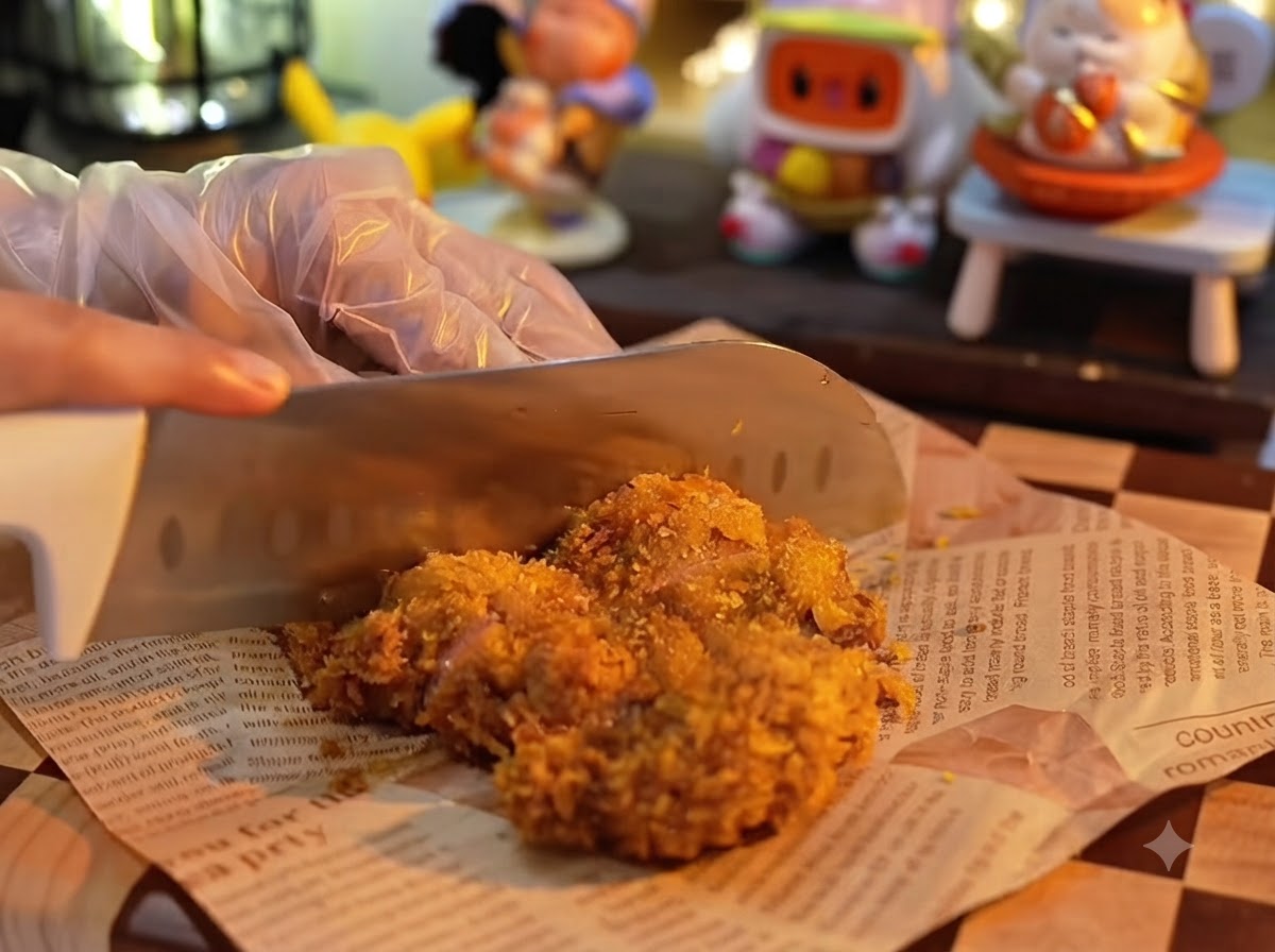 Une main gantée maintenant une côtelette de porc frite et dorée tandis quun grand couteau la coupe en bandes épaisses sur du papier sulfurisé.