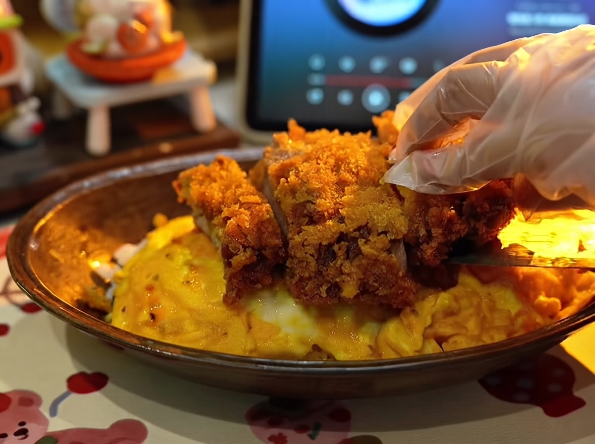 Une main gantée disposant les tranches régulières de côtelette de porc frite et croustillante sur une omelette jaune moelleuse dans un plat de service.