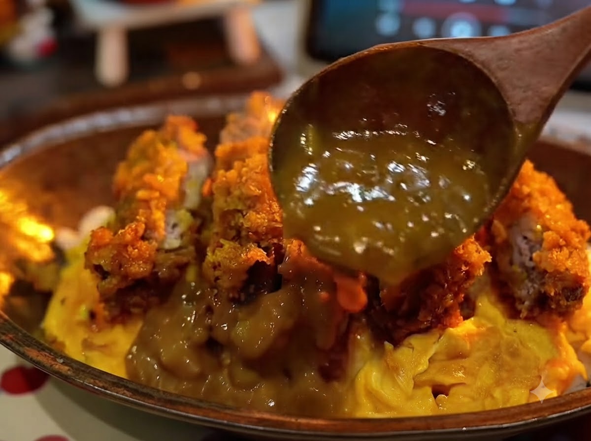 Une cuillère en bois versant une épaisse sauce curry brune sur une portion de côtelette de porc croustillante tranchée et une omelette tendre.