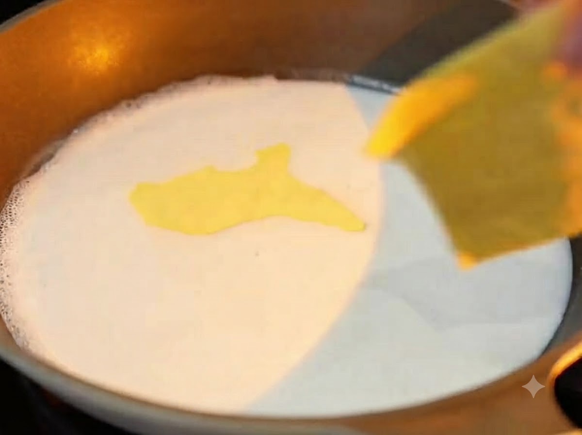 Des tranches carrées de fromage jaune fondant dans du lait de coco blanc frémissant dans une poêle.