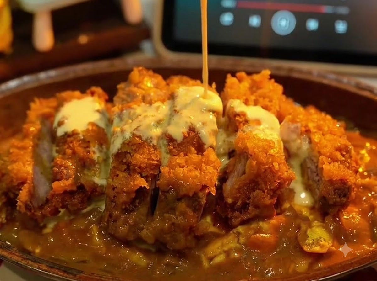 Un filet de sauce blanche crémeuse au fromage et à la noix de coco coulant sur le plat de porc au curry assemblé.