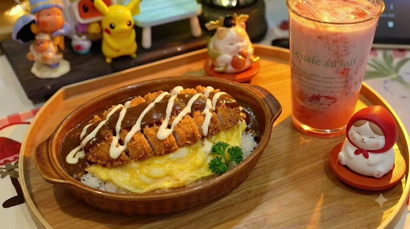 Une côtelette de porc panée dorée et croustillante sur une omelette fondante et du riz, garnie dun riche curry et dune sauce blanche crémeuse.