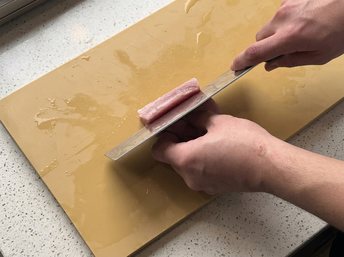 Filet de porc cru en train dêtre tranché avec un hachoir sur une planche à découper jaune.