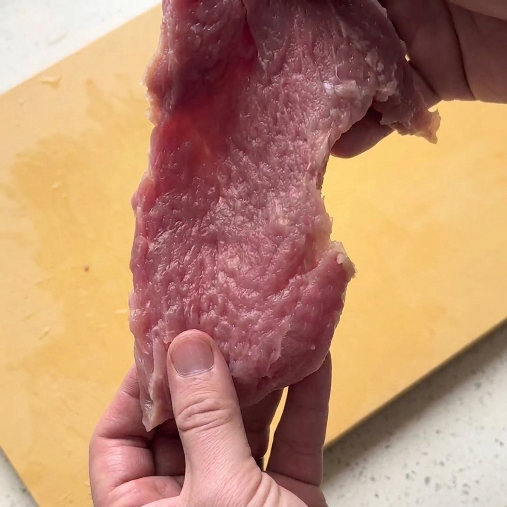 Une personne tenant une tranche de porc crue et attendrie au-dessus dune planche à découper jaune.