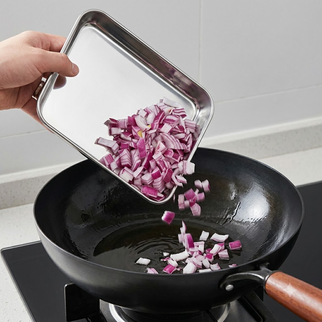 Oignons rouges en dés glissant dun plateau dans un wok chaud avec de lhuile.