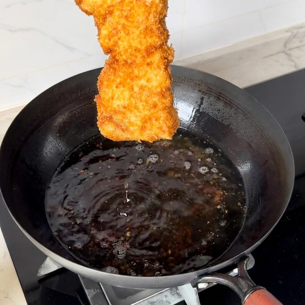 Une côtelette de porc panée et frite tenue au-dessus dun wok dhuile chaude.