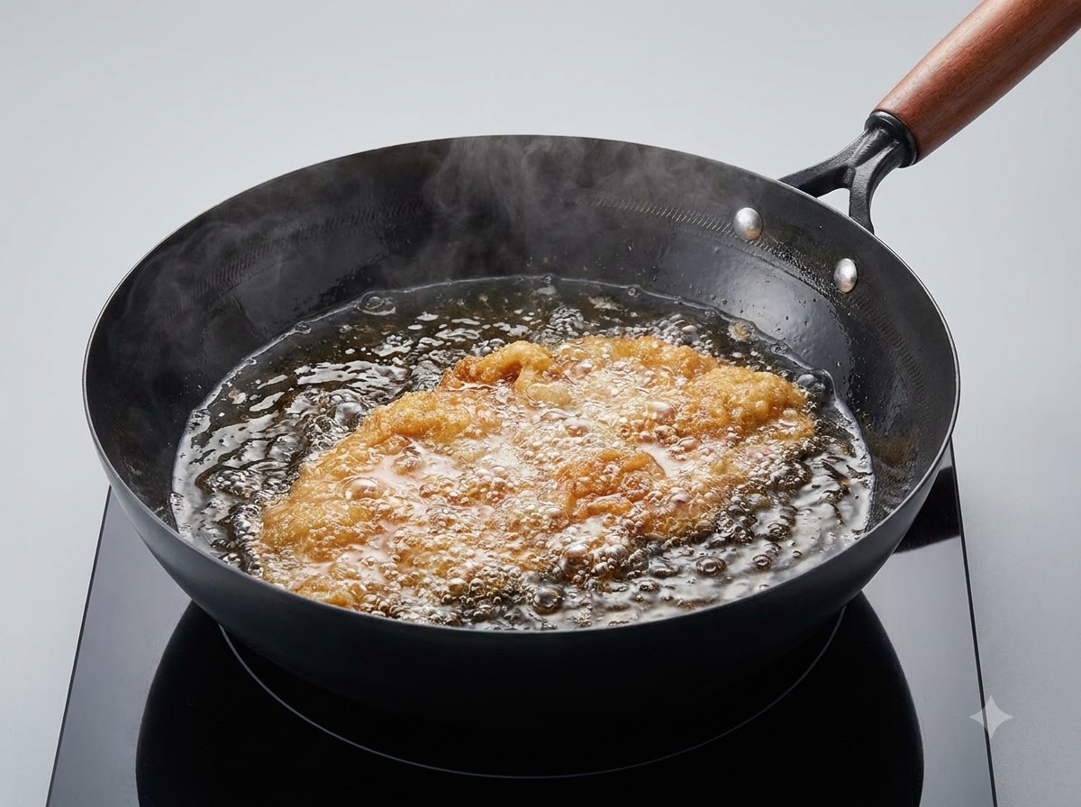 Une côtelette de porc panée en train de frire dans de lhuile chaude bouillante à lintérieur dun wok noir.