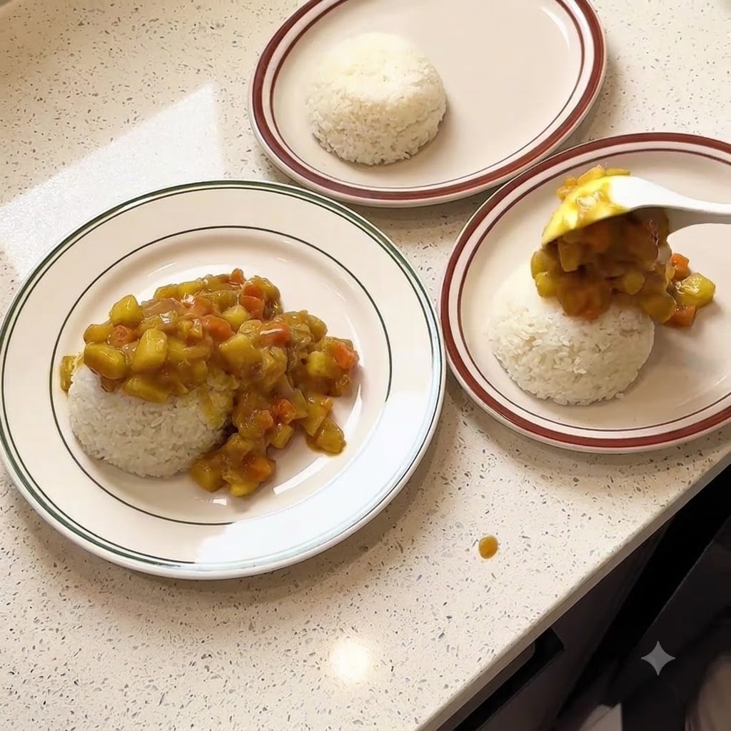 Du riz blanc moulé dans des assiettes surmonté dune épaisse sauce curry aux légumes à laide dune cuillère blanche.