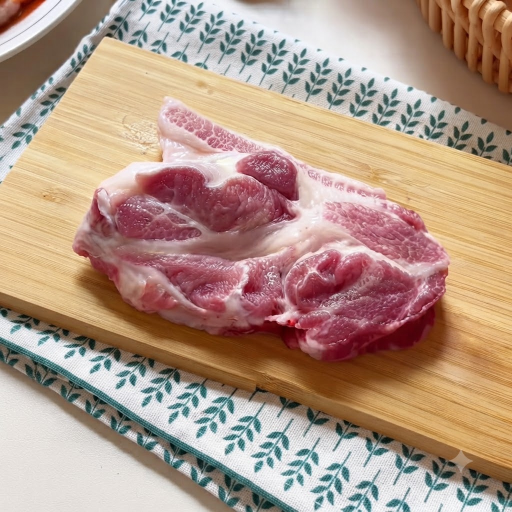 Côte de porc crue sur une planche à découper en bois, en train dêtre attendrie à laide dun maillet à viande.
