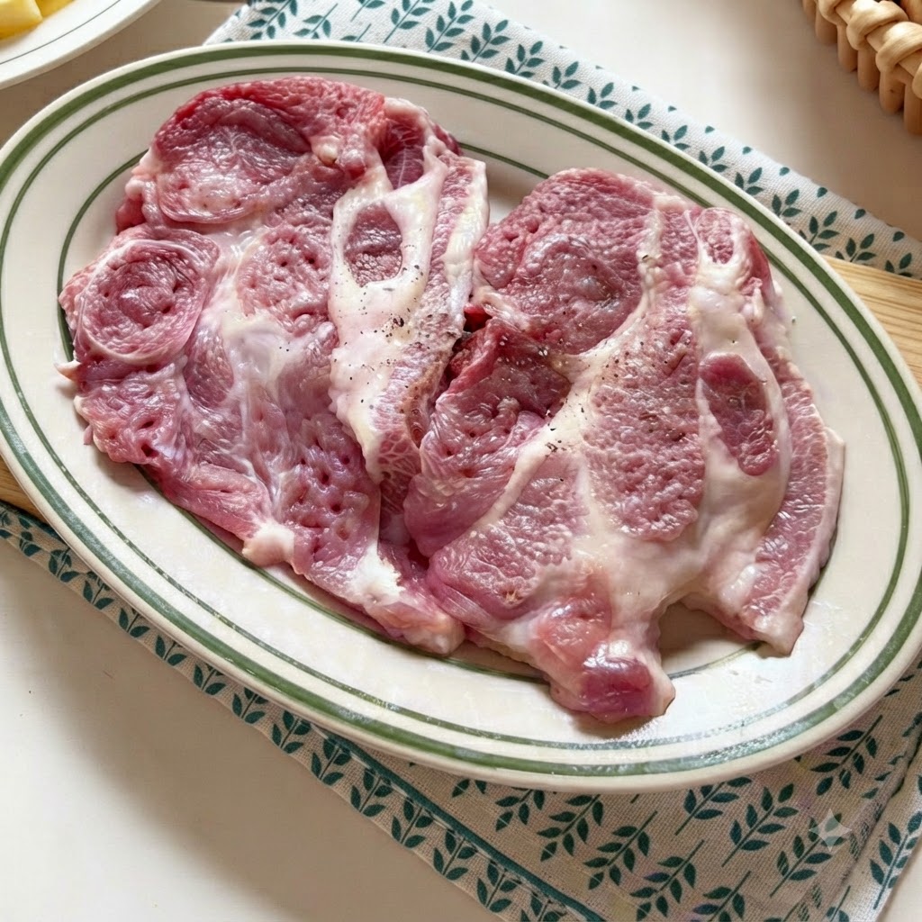 Deux côtes de porc crues assaisonnées de poivre noir et de sel, reposant sur une assiette ovale blanche à bordure verte.