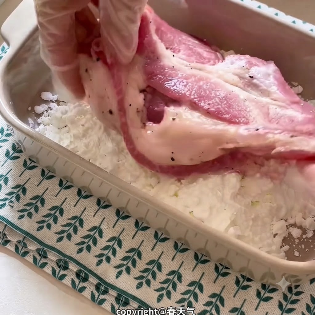 Une main gantée tenant une côte de porc marinée et lenrobant de fécule dans un plat rectangulaire en céramique.