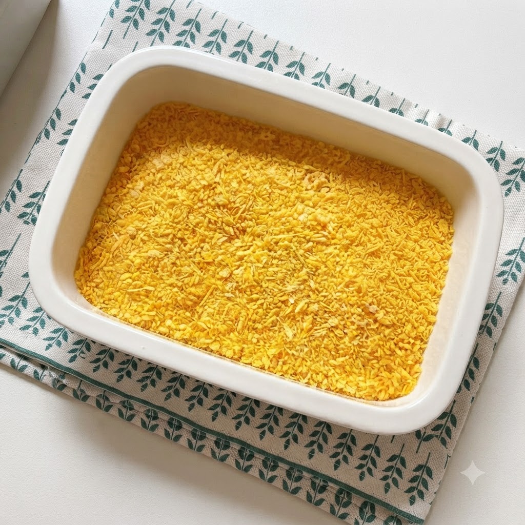 Un plat de cuisson rectangulaire blanc rempli de chapelure jaune croustillante posé sur un tissu à motifs.