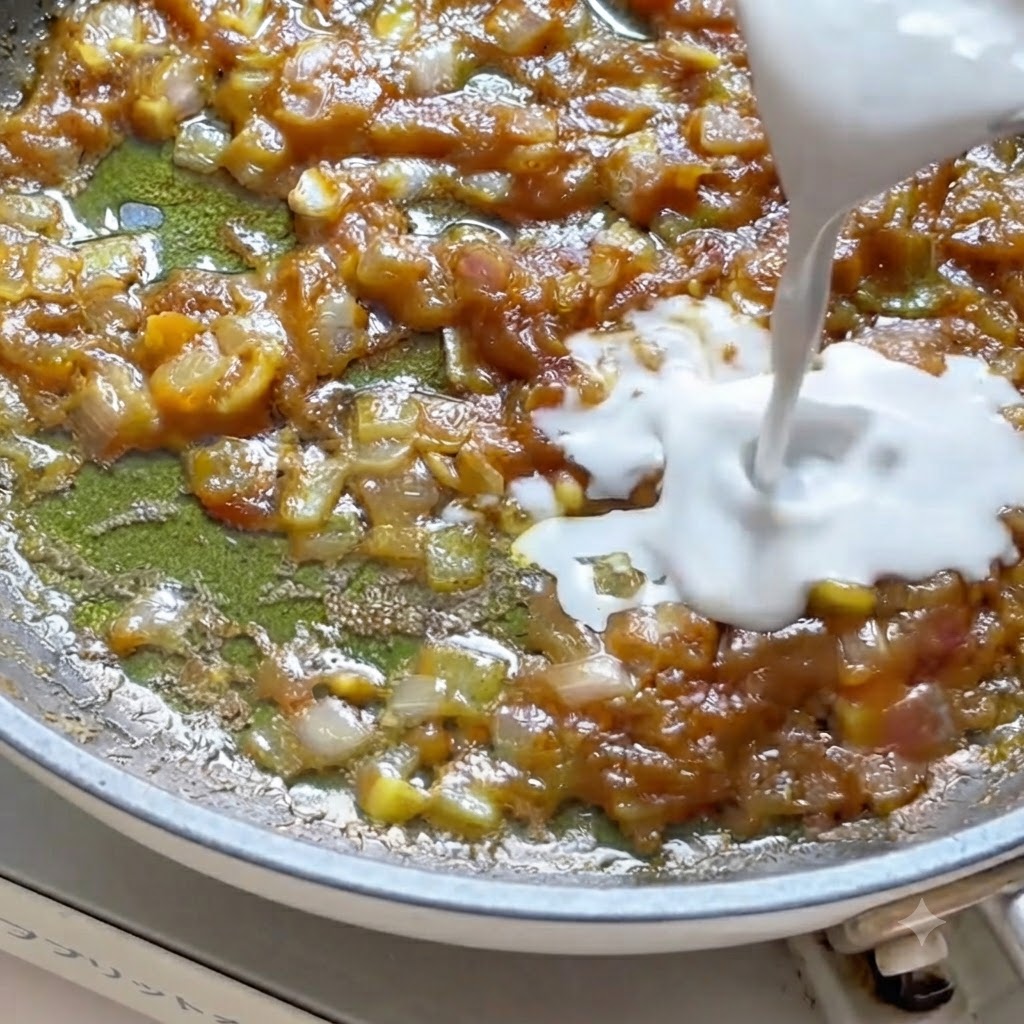 Lait de coco versé dune pichet dans une poêle contenant la pâte de curry en train de fondre et les aromates.