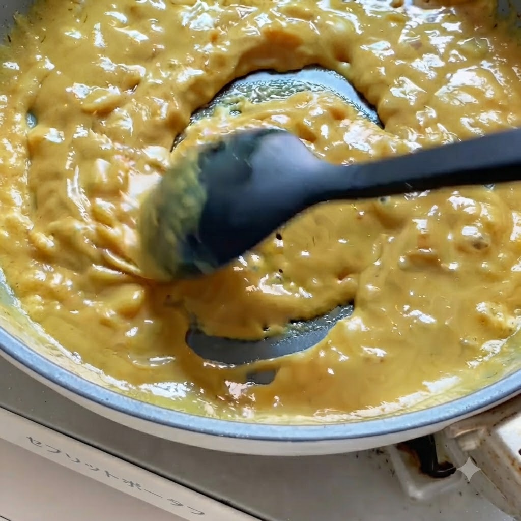 Une spatule noire remuant une sauce au curry jaune épaisse et crémeuse qui mijote dans une poêle.