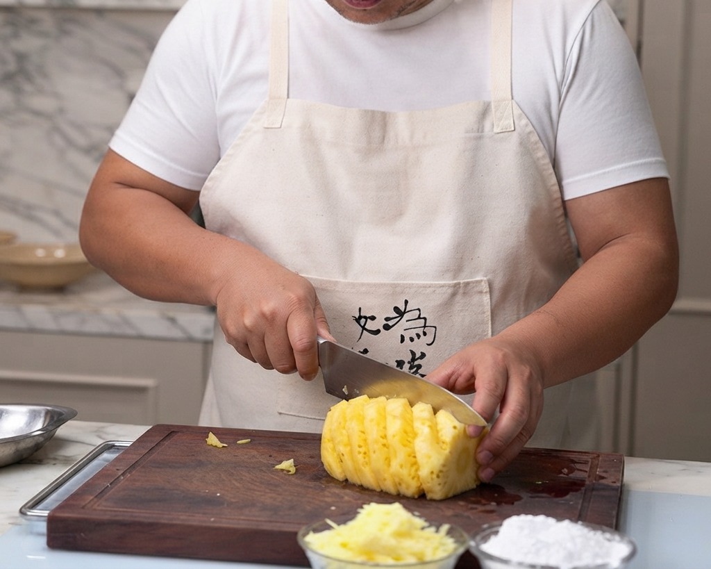 Une personne coupant un ananas frais pelé en morceaux réguliers sur une planche à découper en bois.
