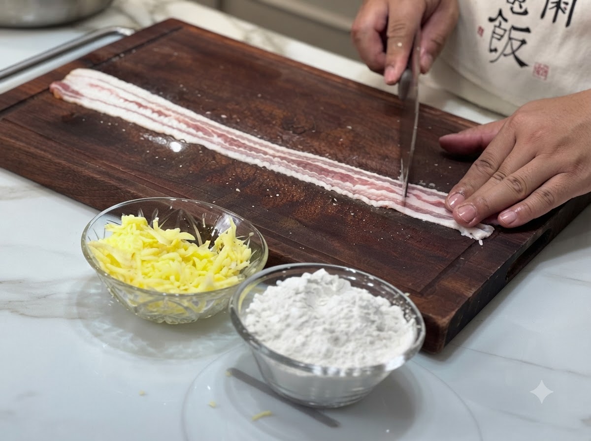 Deux longues tranches de poitrine de porc crue posées à plat sur une planche à découper, tapotées avec le dos dun couteau.