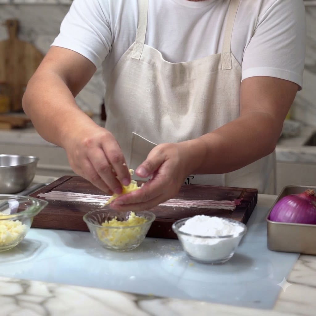 Une petite boule compacte de mozzarella râpée placée à lextrémité de tranches de poitrine de porc crue sur une planche.