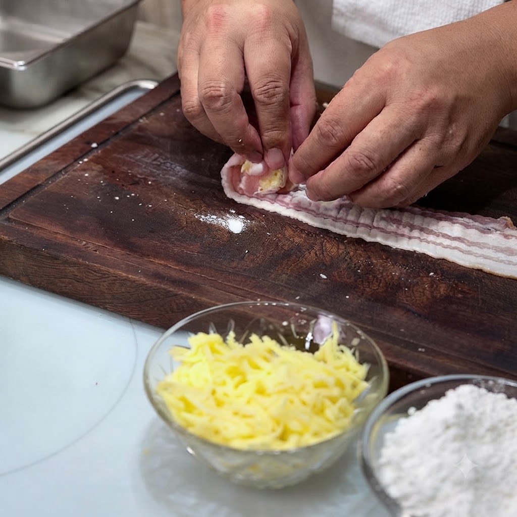 Des tranches de poitrine de porc enroulées avec soin autour dun cœur de fromage pour former une boulette hermétique sur une planche.