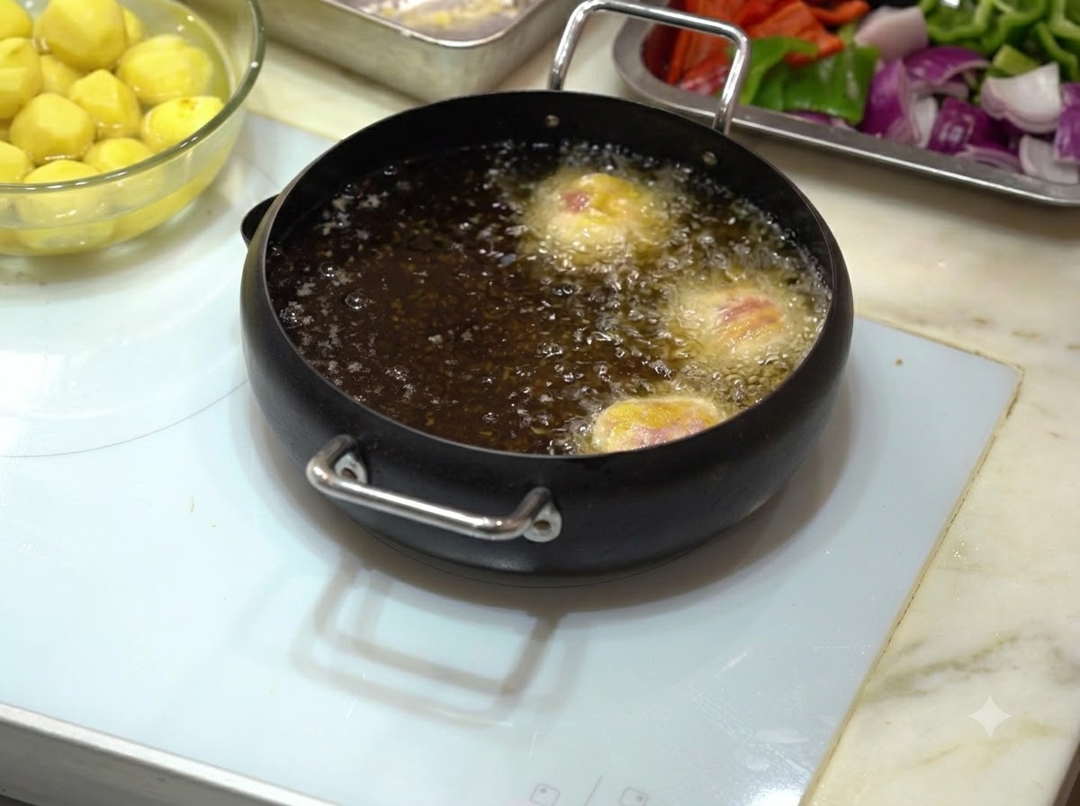 Des boulettes enrobées de fécule en train de frire dans une poêle noire remplie dhuile de cuisson bouillante.