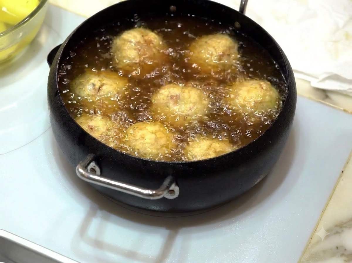 Des boulettes en train de frire dans de lhuile bouillante jusquà lobtention dune couleur dorée.
