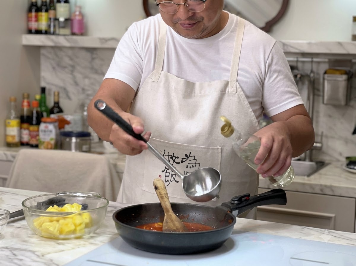 Une personne versant du vinaigre blanc dune bouteille dans une poêle de sauce rouge frémissante tout en tenant une louche.