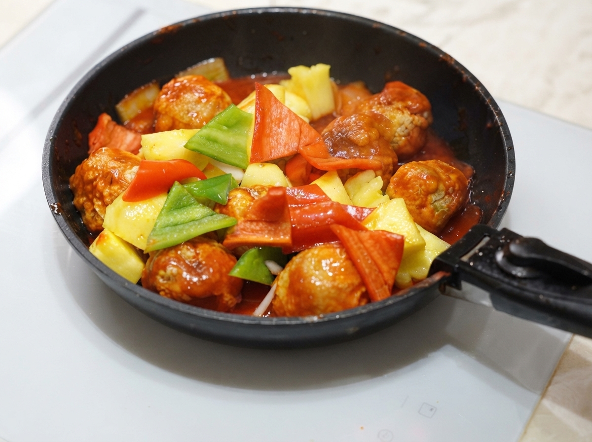 Boulettes frites, morceaux dananas et poivrons mélangés dans une sauce aigre-douce rouge frémissante.