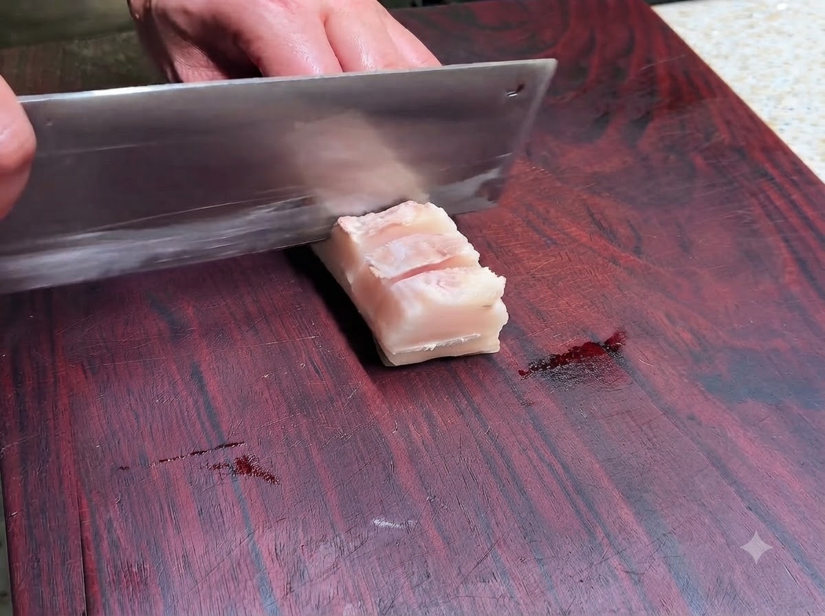 Un hachoir bien aiguisé coupant des lignes en grille peu profondes sur le côté chair dun bloc de poitrine de porc pré-bouilli.