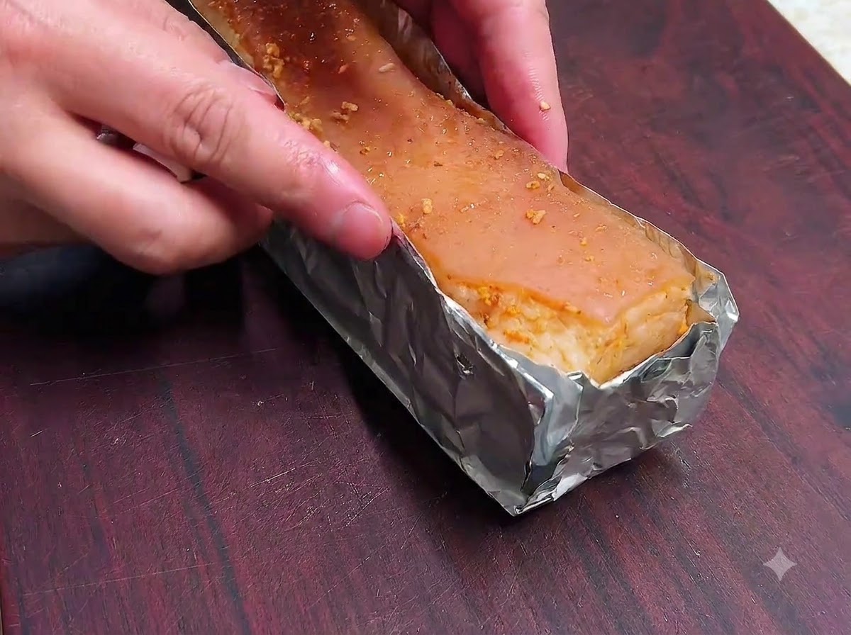 Un bloc de poitrine de porc mariné enveloppé hermétiquement sur ses côtés et sa base avec du papier aluminium.