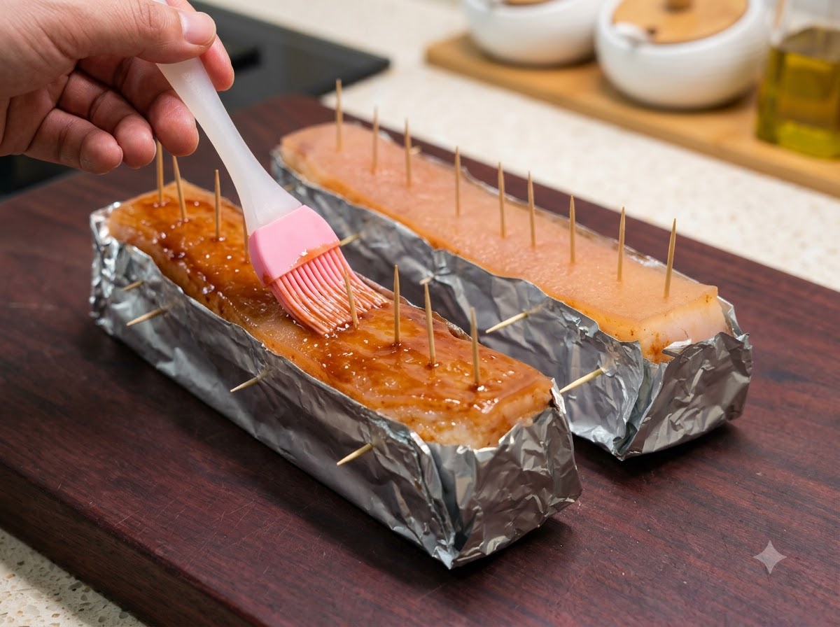 Une main utilisant un pinceau en silicone rose pour appliquer du vinaigre blanc sur la peau exposée de la poitrine de porc enveloppée de papier aluminium.