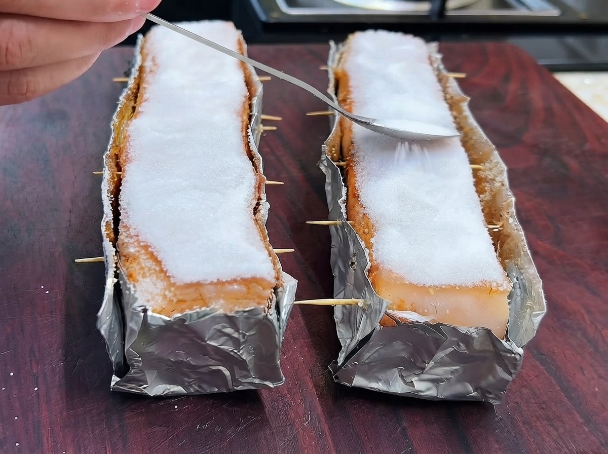 Une couche épaisse de gros sel déposée et pressée délicatement sur la peau de porc sur une planche en bois.