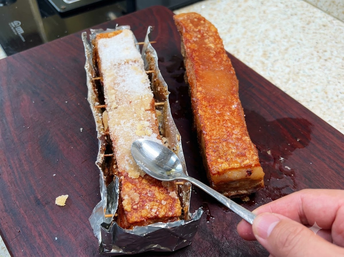 La couche de sel durcie en train dêtre grattée et tapotée de la peau de porc croustillante à laide dune cuillère.