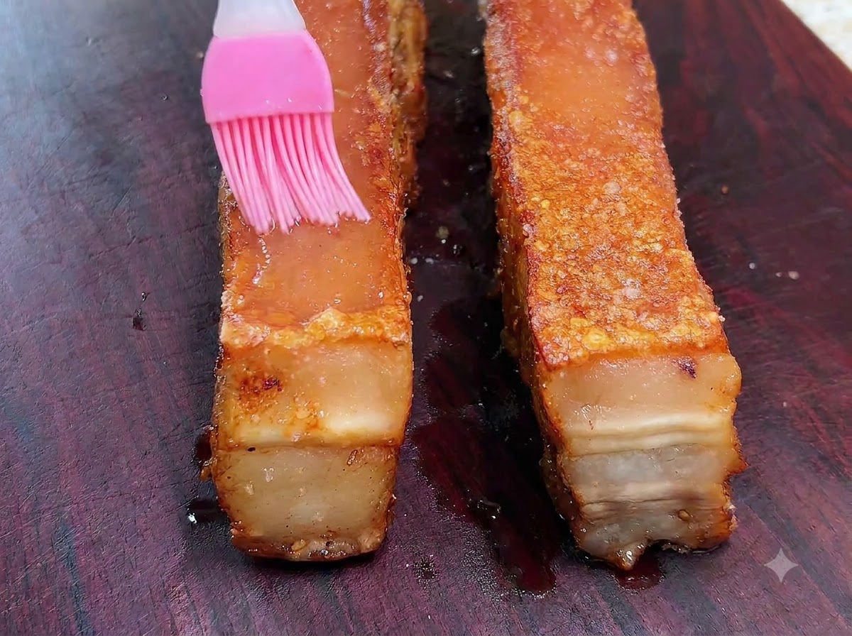 Un pinceau en silicone rose étalant du vinaigre blanc sur la surface supérieure dun morceau de poitrine de porc rôtie.