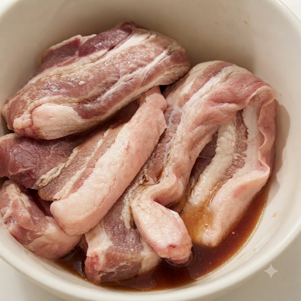 Morceaux de poitrine de porc immergés dans un bol de vin de cuisine et de marinade.