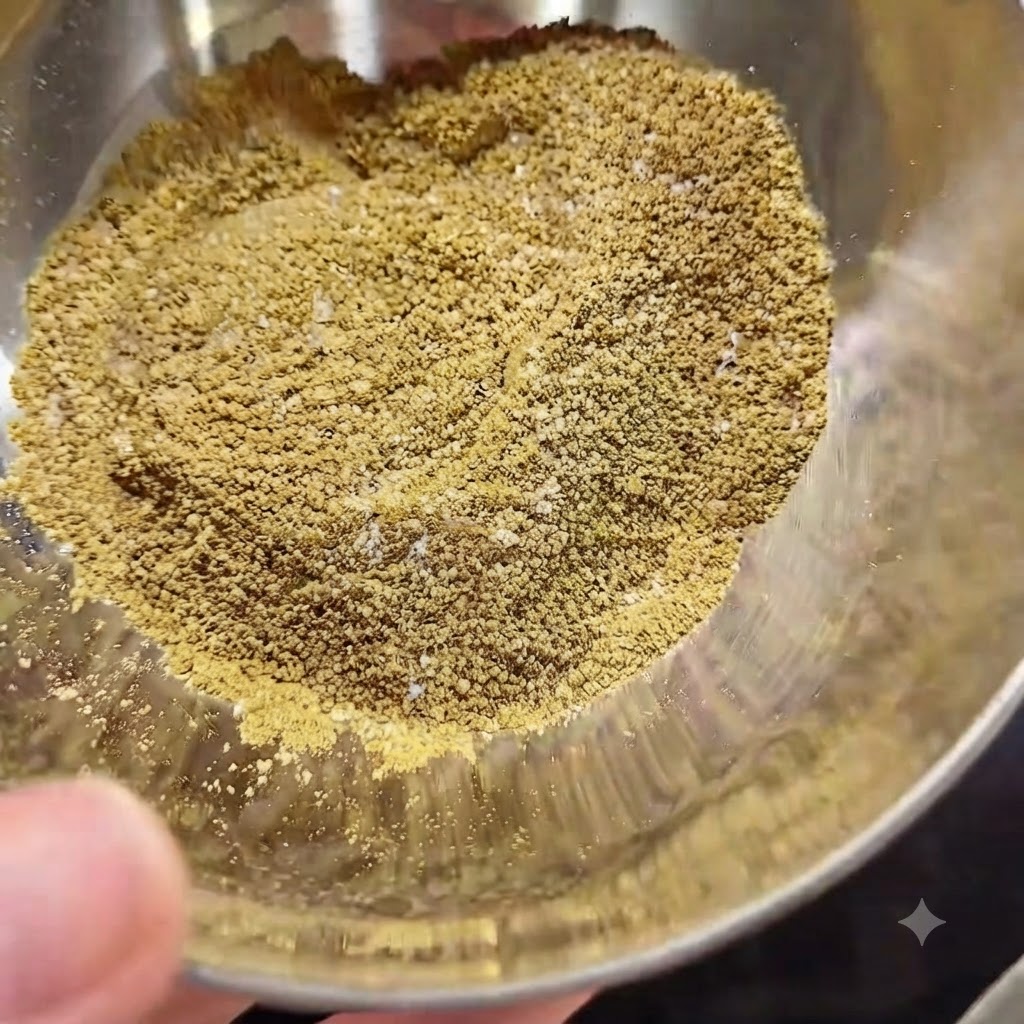 Un bol en métal contenant un mélange de sel, de poudre de cinq-épices et de poudre de poivre du Sichuan.