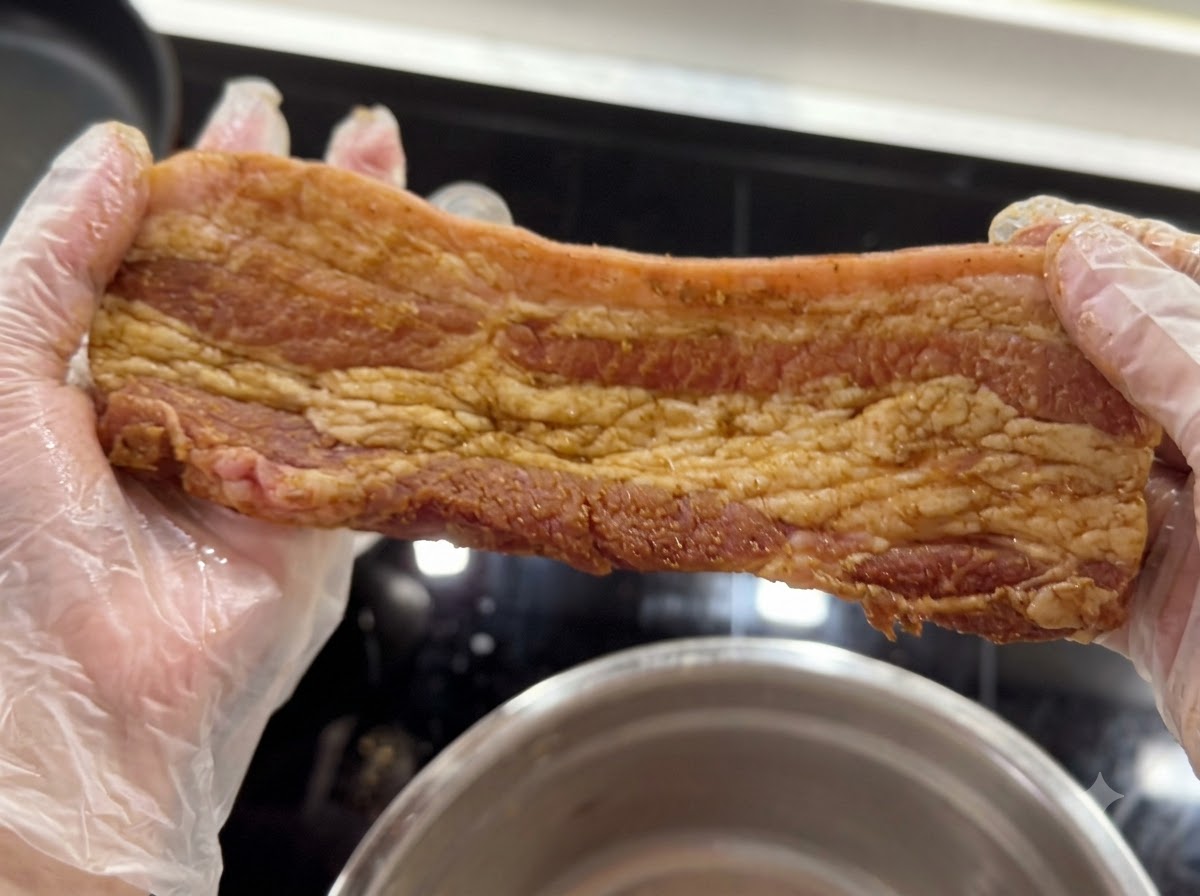 Mains gantées tenant une lanière de poitrine de porc assaisonnée et recouverte dun mélange dépices.