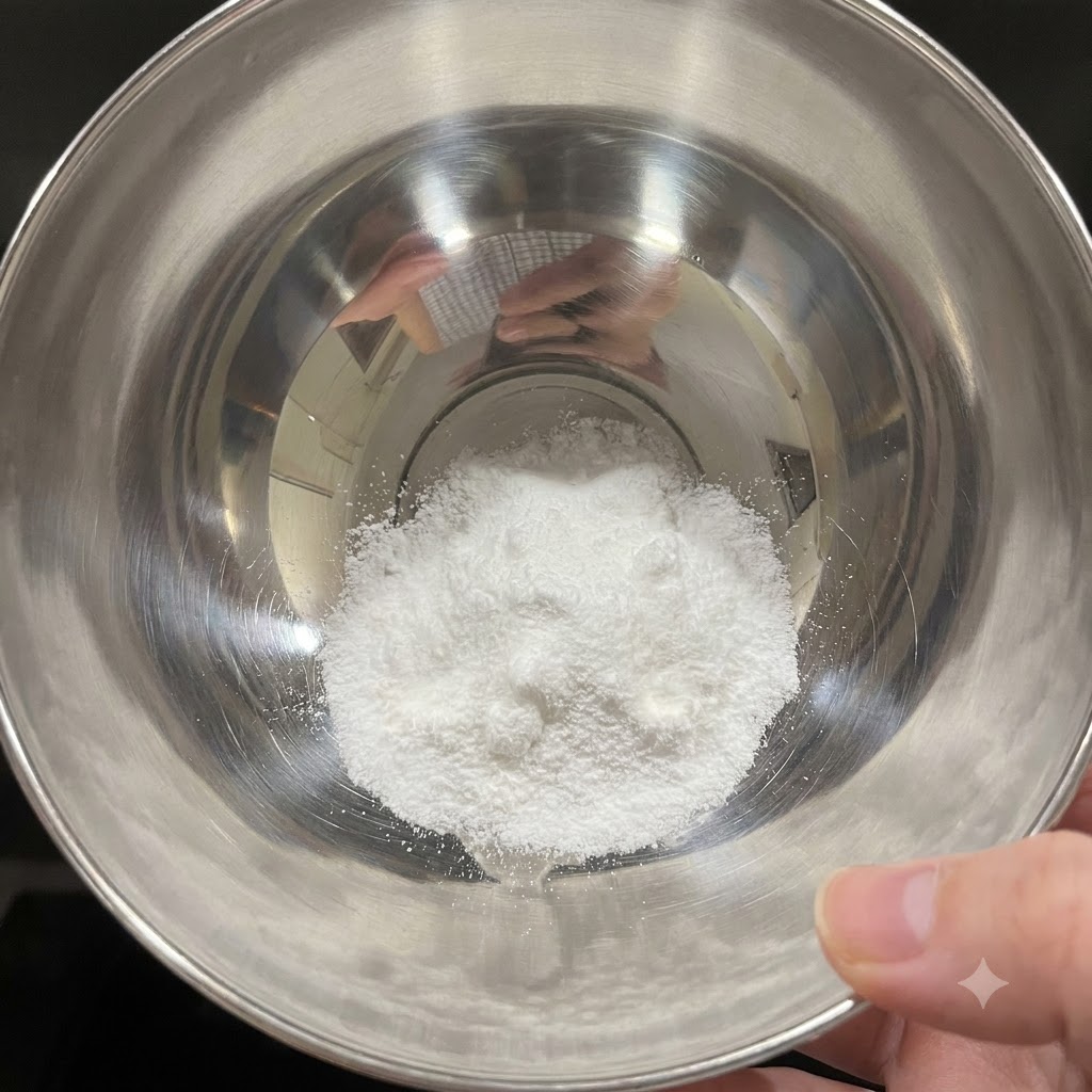 Un petit bol en métal rempli de sel blanc et de poudre de bicarbonate de soude avant dajouter de leau tiède.