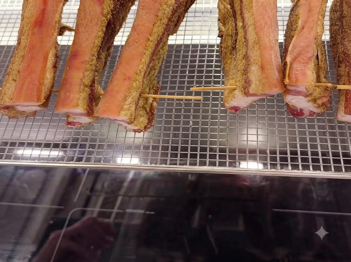 Lanières de poitrine de porc assaisonnées fixées avec des cure-dents en bois et disposées soigneusement sur une grille de cuisson.