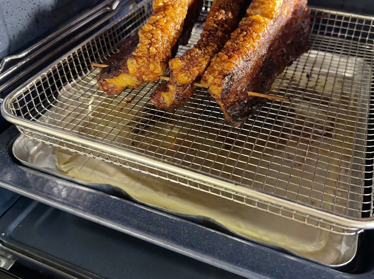 Une grille supportant la poitrine de porc placée à lintérieur du four au-dessus dun lèche-frite recueillant les graisses.
