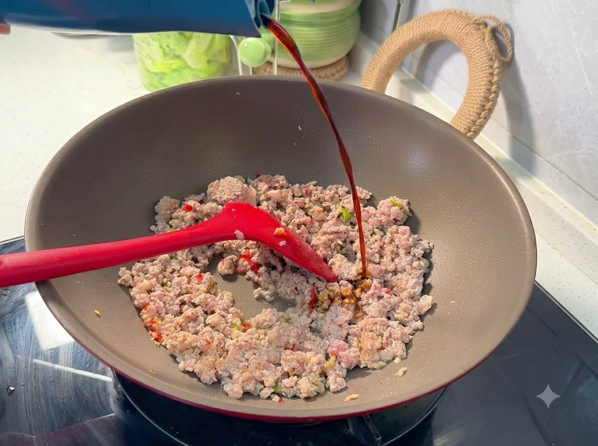 De la sauce soja noire versée dune bouteille dans un wok rempli de porc haché assaisonné.